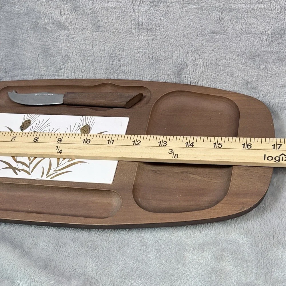 Vintage MCM Oval‎ Wood Cheese Board Ceramic Tile Pine Cone Botanical + Knife